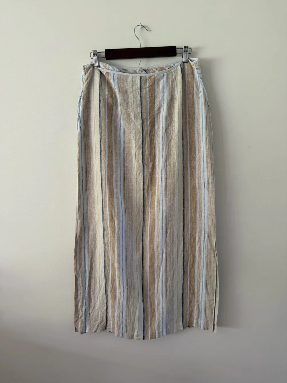 90s Vintage 100% Linen Striped Coastal Minimalist Cottage Neutral Straight Skirt